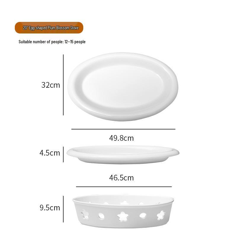 Ceramic Egg-Shaped Plum Blossom Grilled Fish and Warming Plate with White Round Heating Dry Pot Stove.