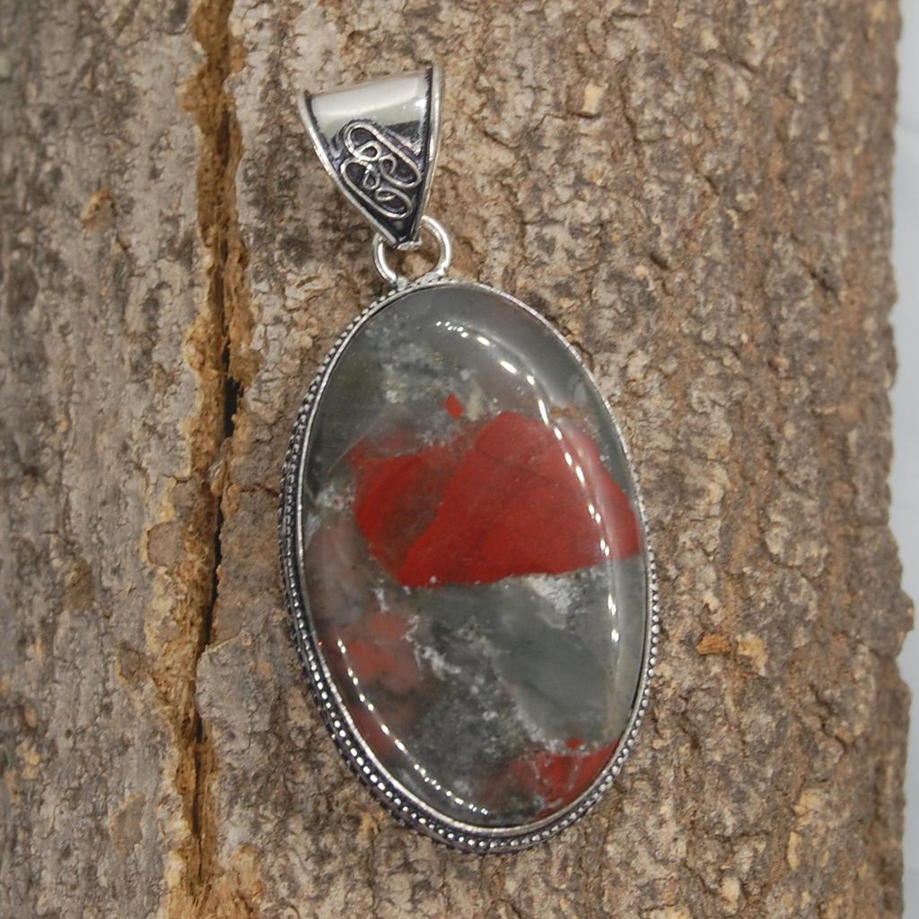 Huge Oval Cab Red Bloodstone 925 Sterling Silver Pendant Jewelry, Handmade Boho Style Pendant
