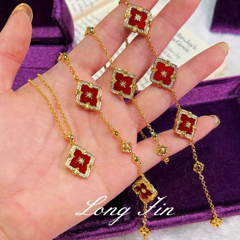 Vintage Floral Jewelry Set Women Gold Tone Red Agate Style Necklace Bracelet Ring Earrings With Zircon Accents