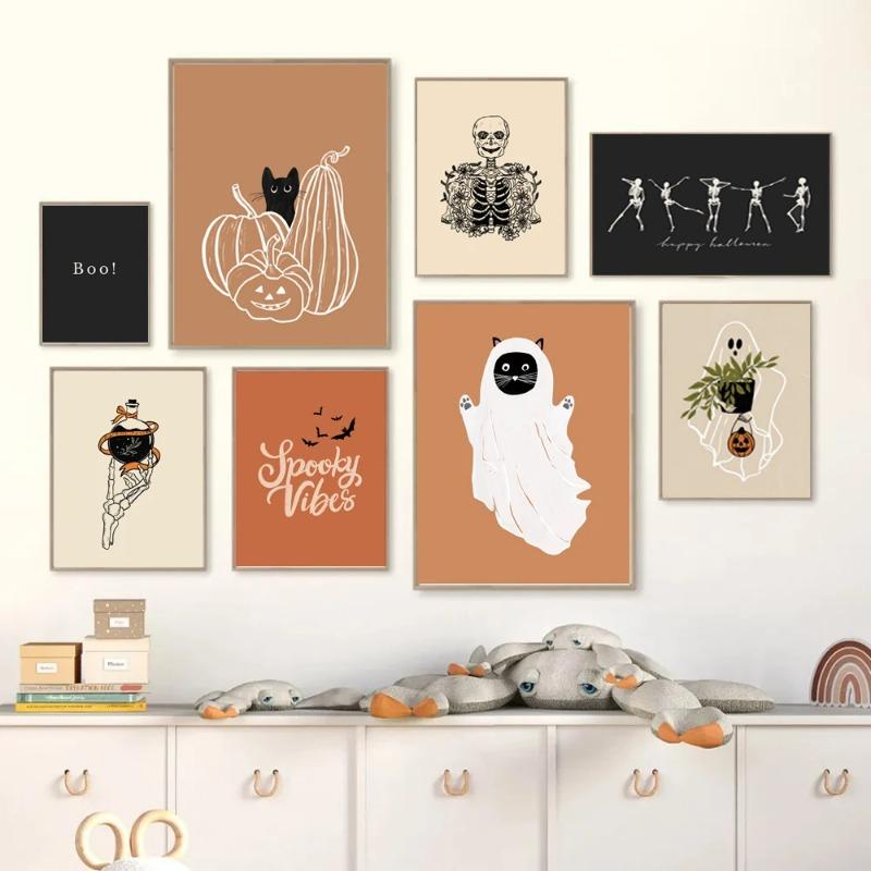 Funny Ghost Tooth Skull Ghost Wall Art Canvas Painting Autumn Halloween Pumpkin Decoration Posters Living Room Aesthetic Decor