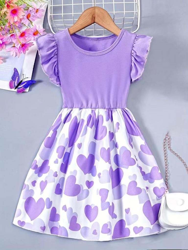 European & American Style Girls' Short Sleeve Heart Print Knitted Dress