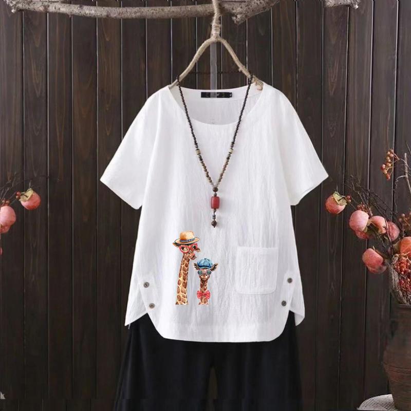 Mode Femme Imprimé Girafe Été Décontracté Ample T-shirt Manches Courtes Blouse d'Été Tops