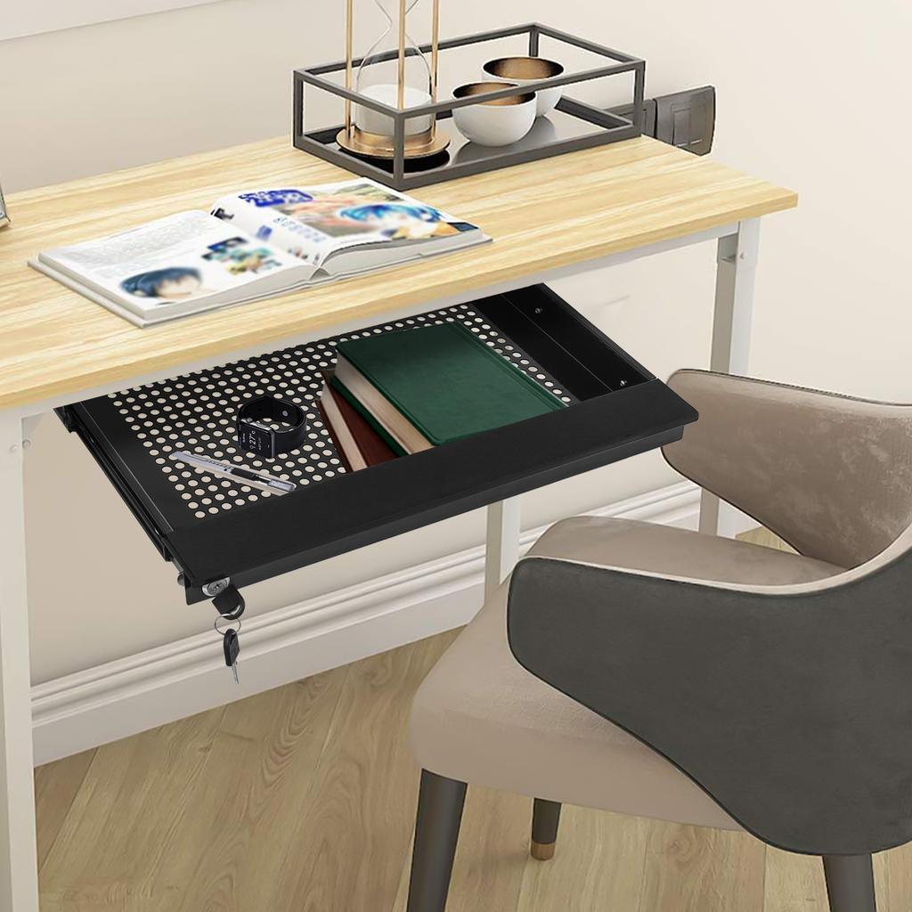 Under Desk Storage Drawer, Black Iron Pull-Out Organizer Tray with Lock & Key, - 4.4 lbs Capacity, Space Saving, Easy Install