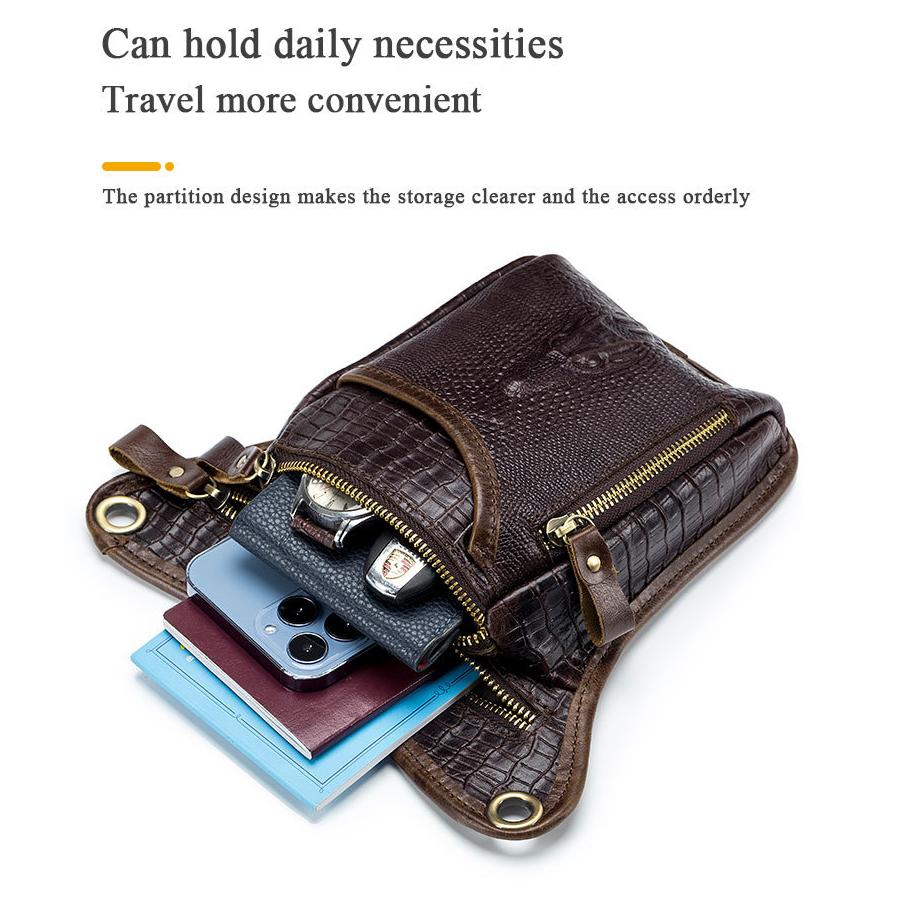 Men Vintage Crocodile Grain Top Grain Genuine Leather Motorcycle Thigh Leg Bag Multifunctional Waist Hip Fanny Pack For Riding