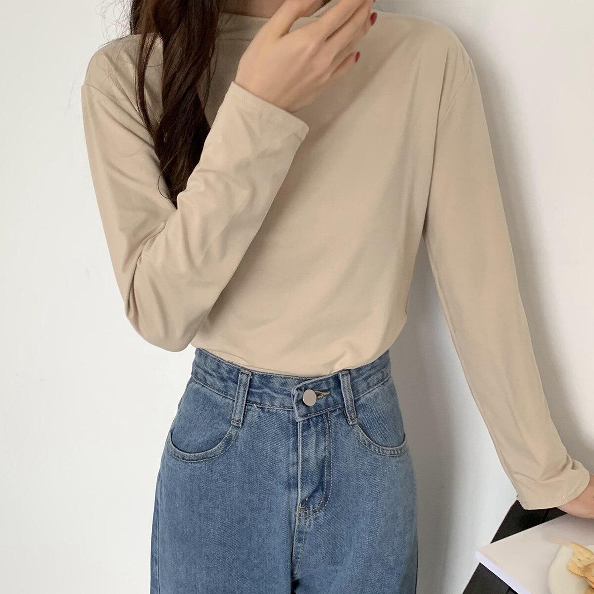 

Рубашка с длинным рукавом, женские футболки, осенне-зимняя модная женская повседневная узкая эластичная футболка с воротником-стойкой, пуловеры, топы One Size красно-коричневый