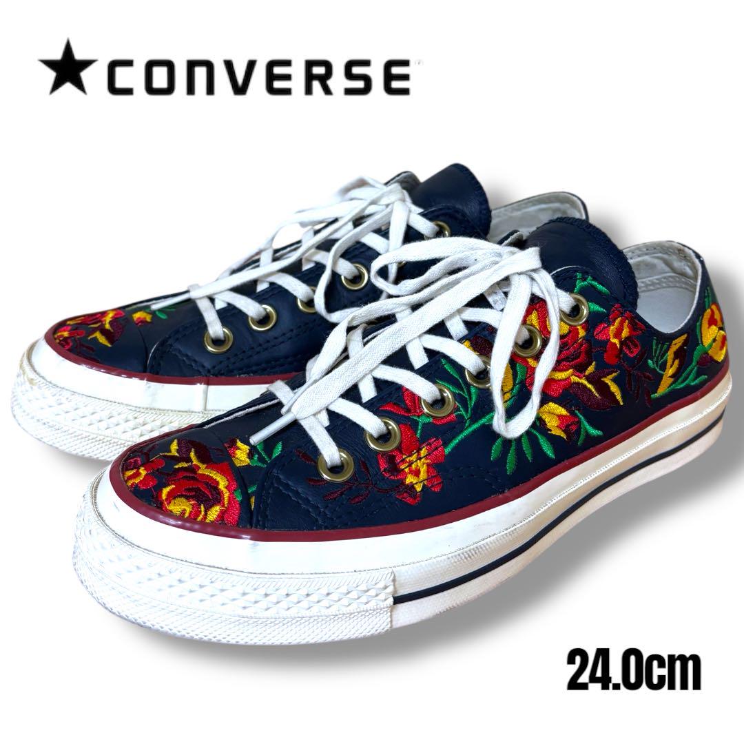 

[USED] Ultra-rare Converse CT70 Chuck Taylor leather rose embroidered sneakers, size 24, navy blue