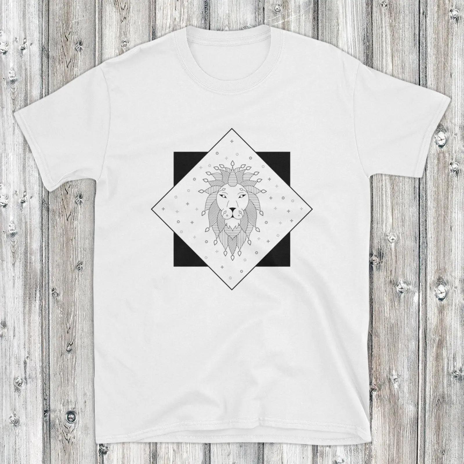 

Geometric Line Art Lion T Shirt Casual Crew Neck for vintage Washed Stylish Top For Everyday Wear Slightly Stretched S разноцветный