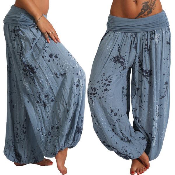 Women Casual Boho Print Pants Wide Leg Pants Loose Pocket Button Pants