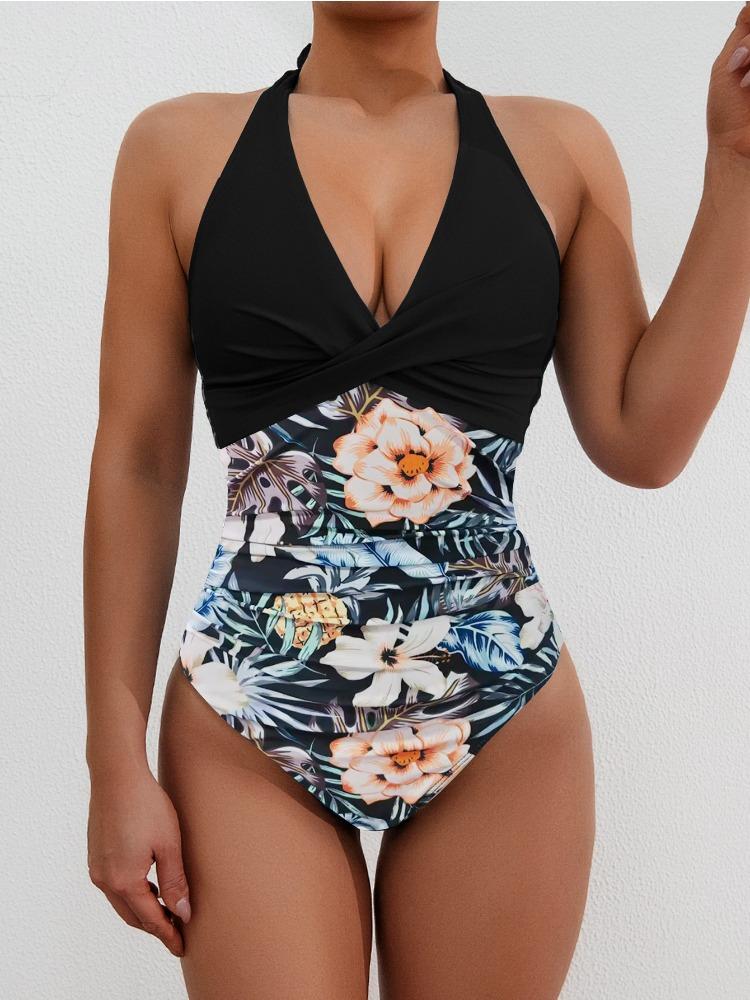 

Printed Tie Back High Waist One Piece Sexy Bikini Swimsuit Women Fashion Elegant Beach Vacation Wear L