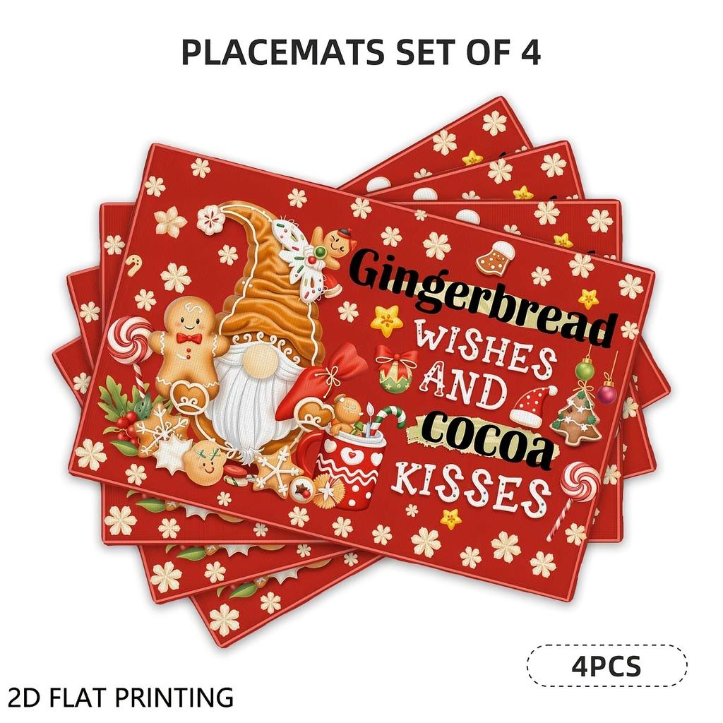4pcs/6pcs, Christmas Table Placemats, Gnome Gingerbread Xmas Placemats Table Decor, Suitable for Home Kitchen Restaurant Decor, Holiday Party Table De