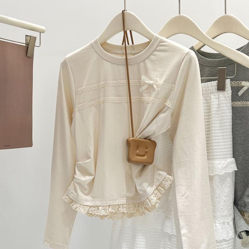 Zimní podzimní elegantní krajkové prošívání falešné dvoudílné tričko s dlouhým rukávem, halenka, dámské v novém designu s mašlí, sladké tričko se spodním dílem