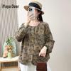 Yalu Women's Floral Print Cotton Linen Round Neck Long Sleeve Blouse
