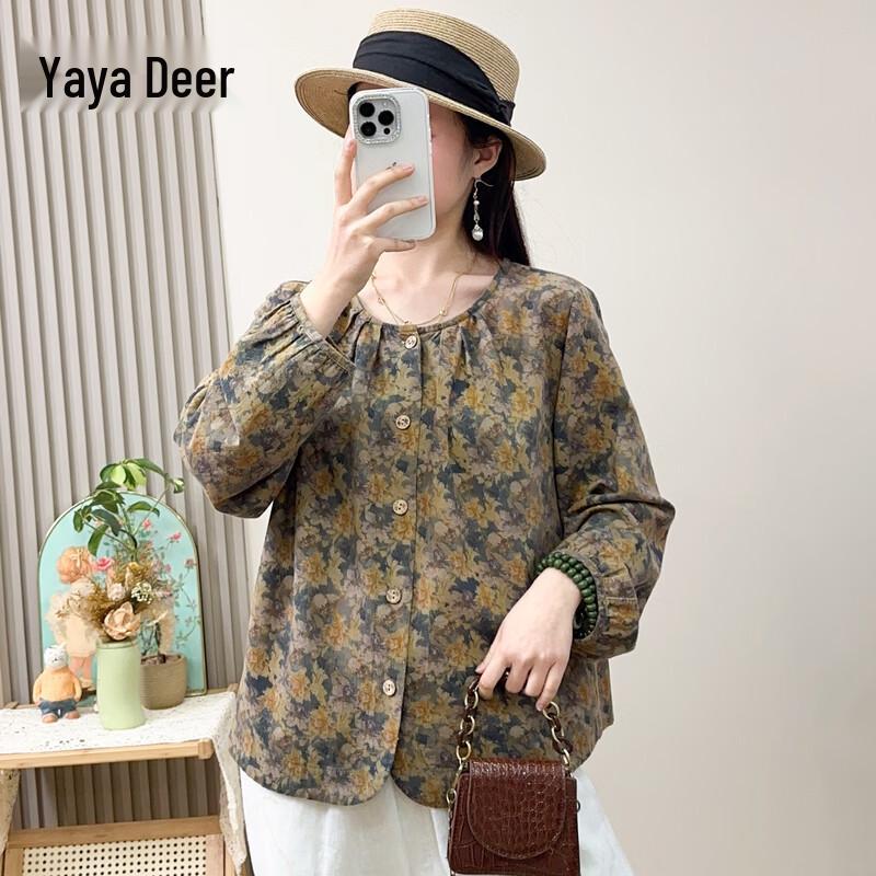 Yalu Women's Floral Print Cotton Linen Round Neck Long Sleeve Blouse