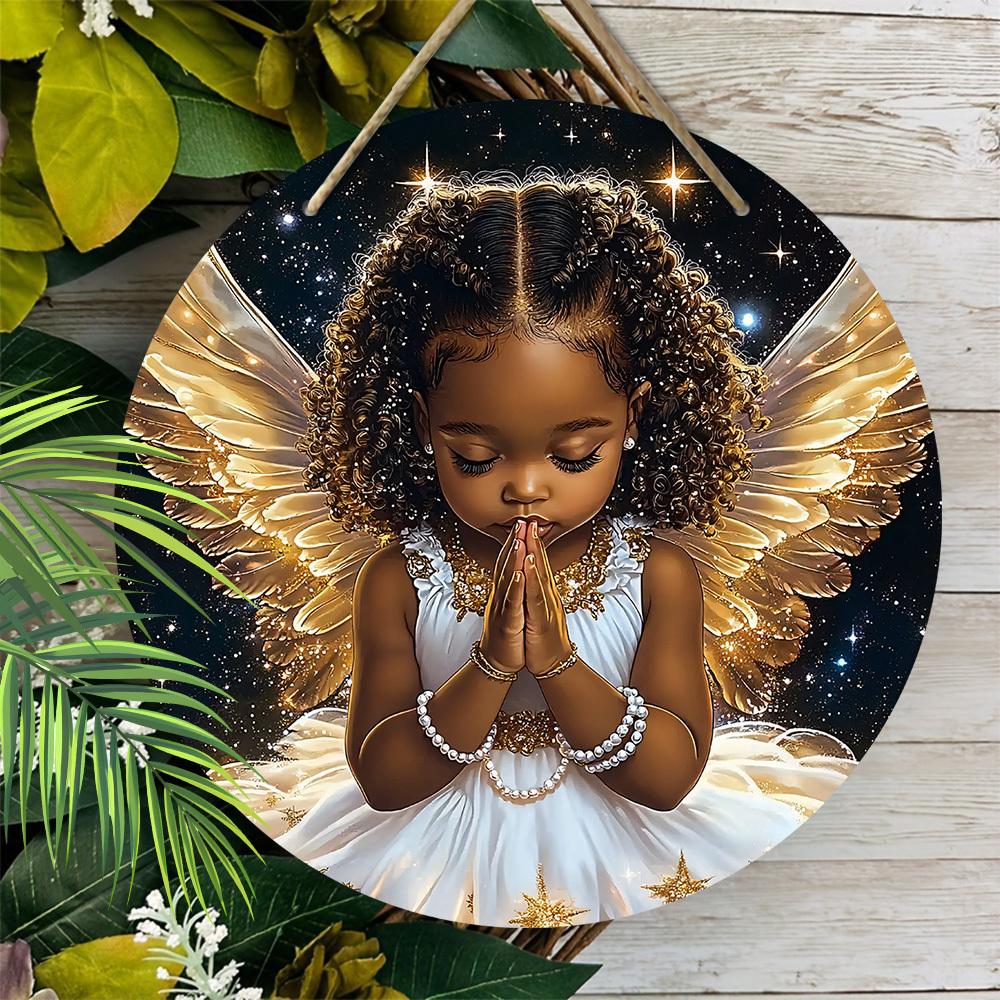 Złote Skrzydła Czarny Anioł Drewniany Znak - Anioł Okrągły Znak do Dekoracji Wiszącej na Ścianie Drzwi Wejściowych - Idealna Dekoracja Wisząca do Domu