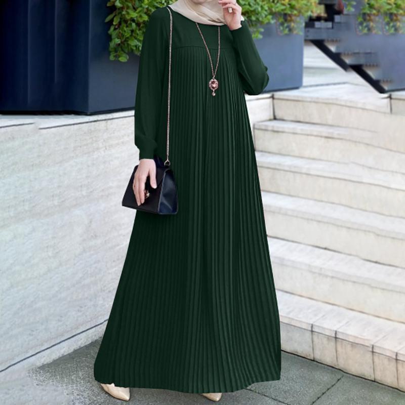 Elegant Muslim Women's Pleated Dress - Solid Color, Round Neck, Long Sleeve