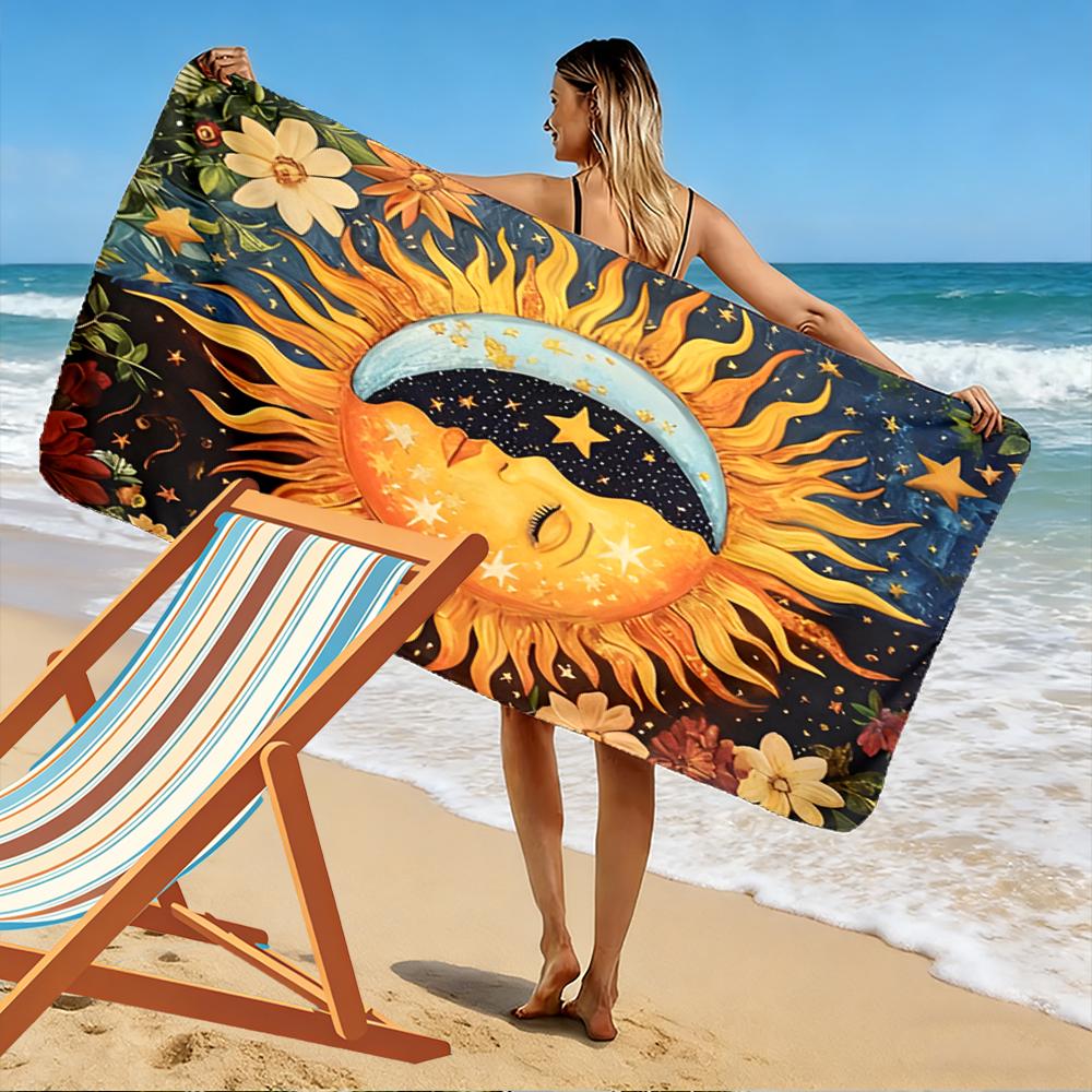 Sun and Moon with Floral Design Beach towel quick-drying for travel outdoor sports jogging beach and swimming
