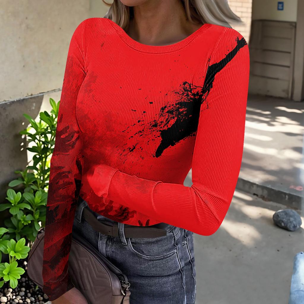 Womens Casual Long Sleeve Ribbed Top Halloween Print Round Neck Slim Fit Stretchy Pullover Shirt