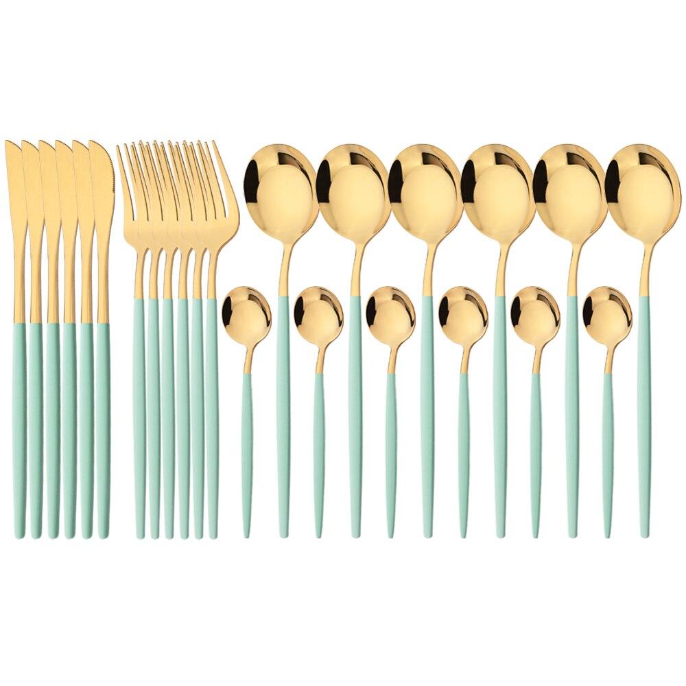 24Pcs Mint Gold Dinnerware Set Knife Fork Coffee Spoon Cutlery Western Stainless Steel Tableware Flatware Kiechen Silverware
