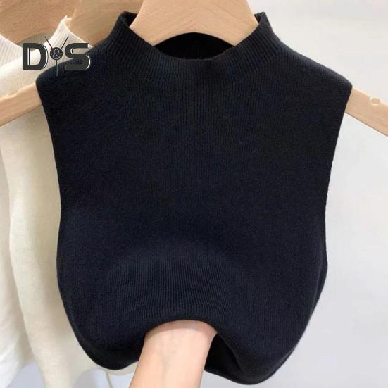Women Knitted Vest Tops Slim Fit Half-High Collar Sleeveless Top Solid Color Stretchy Knit Blouse Daily Wear