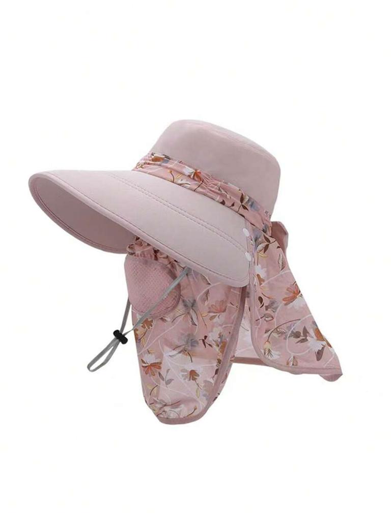Unisex Wide Brim Sun Hat With Neck Flap Floral Print For Outdoor Fishing Hiking Beach