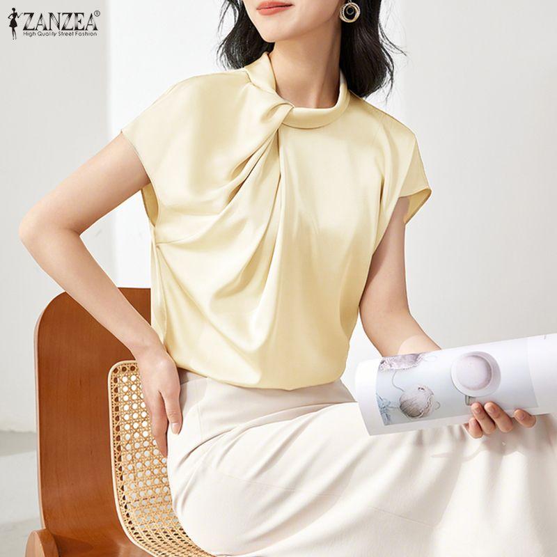 ZANZEA Elegant Women Casual Twisted Neck Sleeveless Satin Smooth Blouse