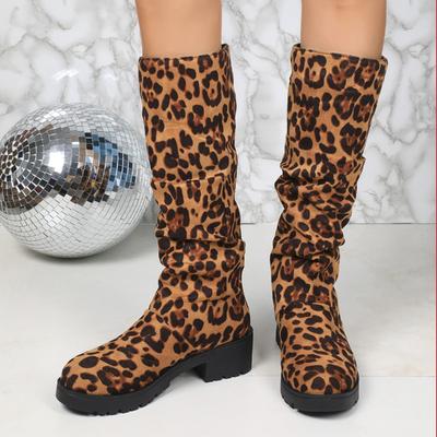 Large Size Leopard Print Suede Thick Heel Fashion Boots Women's Autumn and Winter New Fashion Versatile Wrinkled Stacking Boots