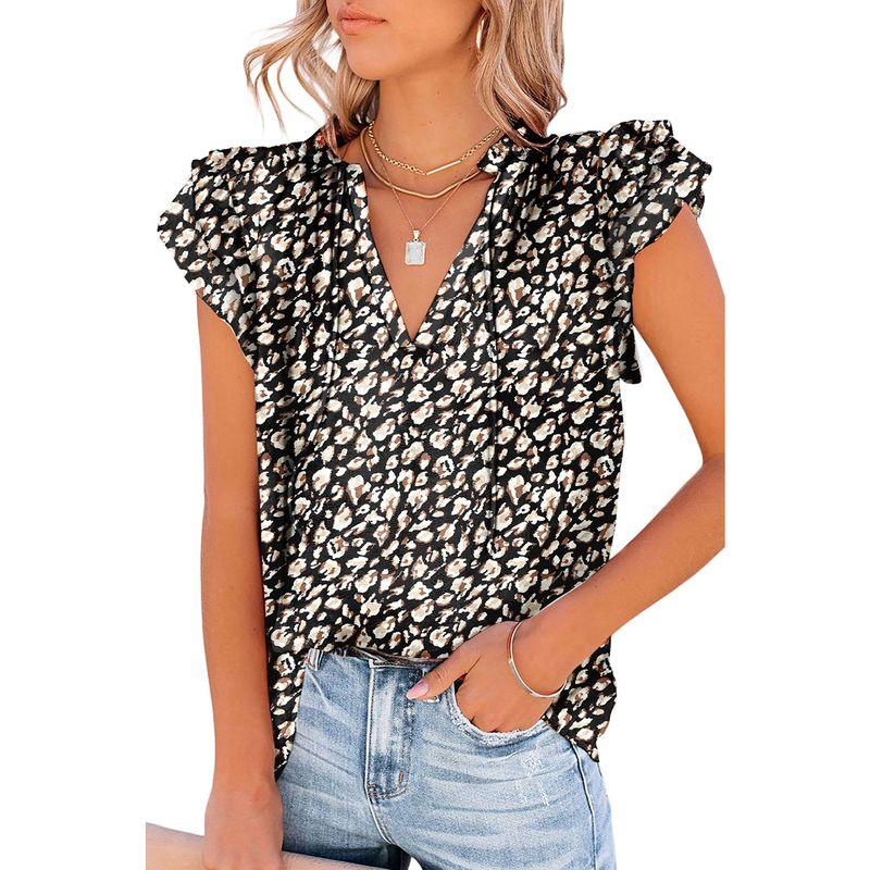 

US Shiying Fashion Frill Short sleeve Top Women 2025 Summer New Floral Print Chiffon Shirt Women Black XL(Code fits (72.50 kg-80.00 kg)