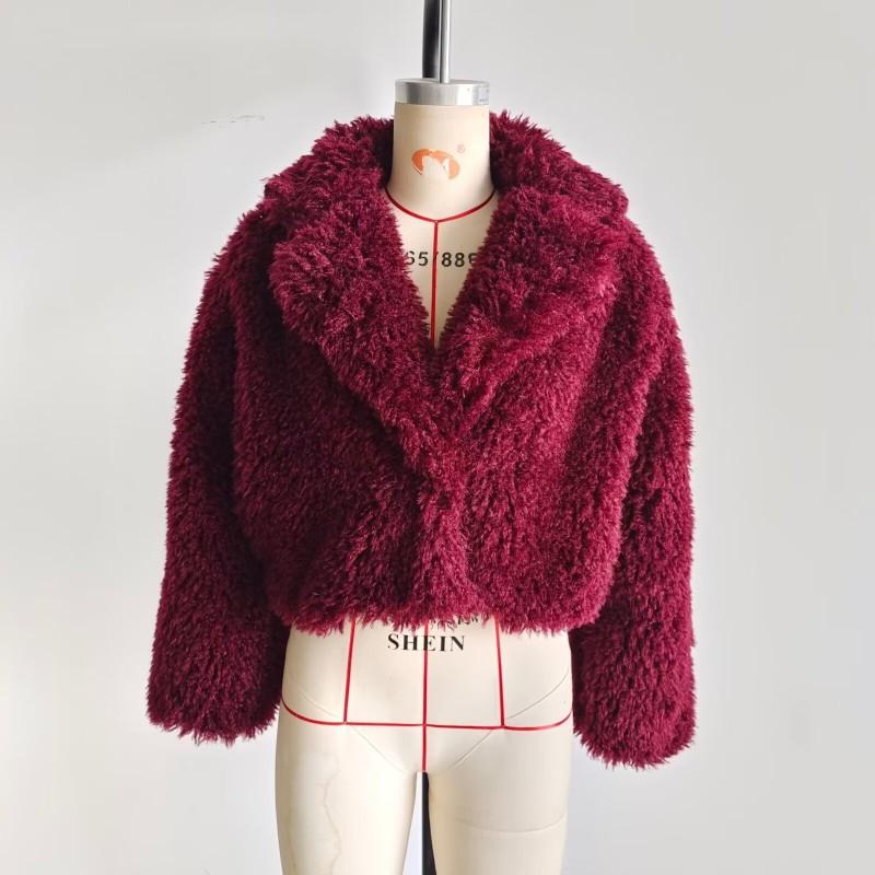 Womens Warm Fuzzy Casual Coat Soft Plush Outerwear Short Length Hoodless Turn-Down Collar Sweater Style