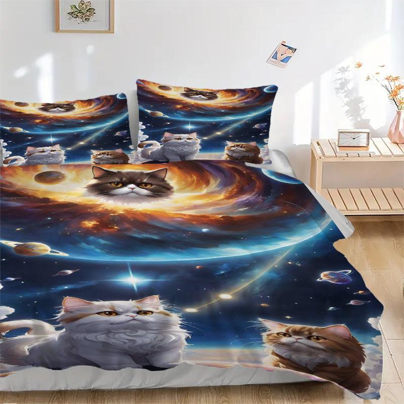 3pcs Anime Cat Galaxy Space Bedding Set - Includes One Quilt Cover and Two Pillowcases (No Core) - Home Decor, Festival Gift, Polyester Fabr