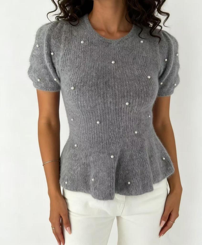 European French Style Pearl Embellished Knit Top - Short-Sleeved, Soft, Waist-Cinching, Ruffled, Plush Women's Top