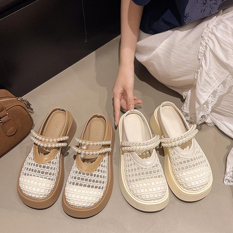 New Mesh Outer Wear Shoes Summer One Pedal Lazy Sandals Mary Jane Shoes Women's Bag Head Half Slippers 2025 Thick Sole