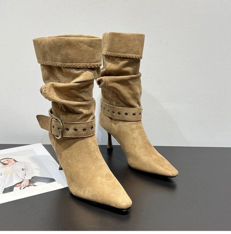 Autumn Women's High Heel Wrinkle Ankle Boots New Winter Pointed Toe Head Thin Heel Chelsea Boots for Shoes Dress Boots 514