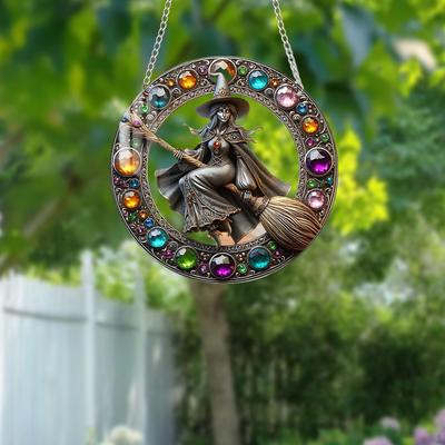 2D Witch Rides Broom Hanging Plaque Ornament 20x20cm with 23.6 Inch Chain for Courtyard, Stairs