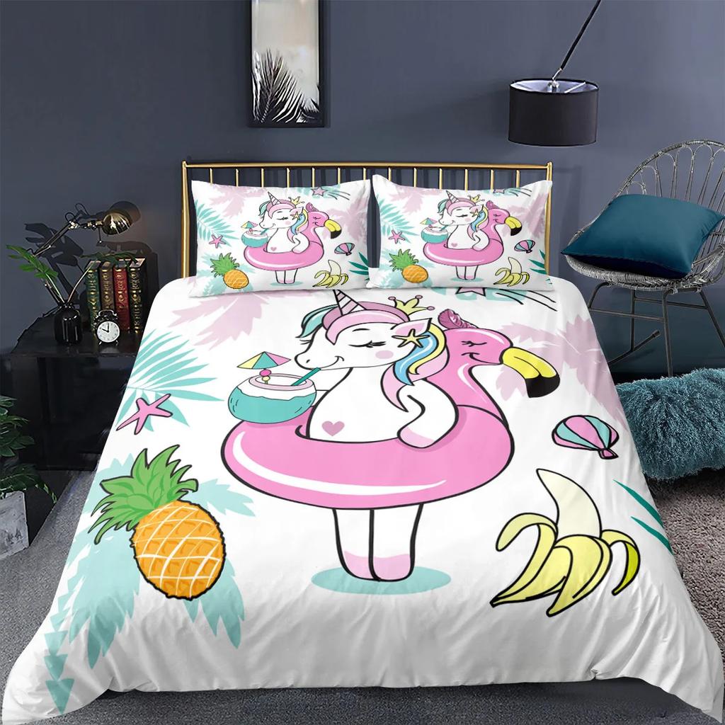 Unicorn Bedding Set King Queen White Pink Unicorn Duvet Cover for Girls Kids Dreamy Cartoon Sparkle Lilac Polyester Quilt Cover