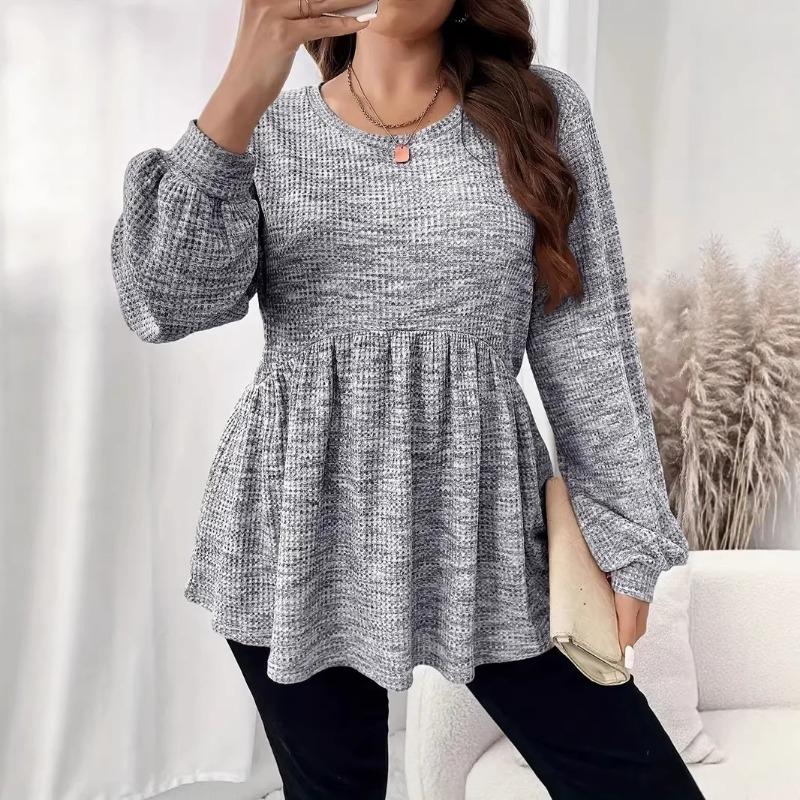 Women Spring Pink Marled Knit Puff Sleeve Peplum High Waist Casual Blouse