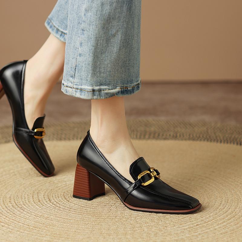 Fashion New Spring Woman Shoes Leather Shoes Women Slip-On Loafers Women Pumps Metal Chain Square Toe High Heels Shoes Zapatos De Mujer