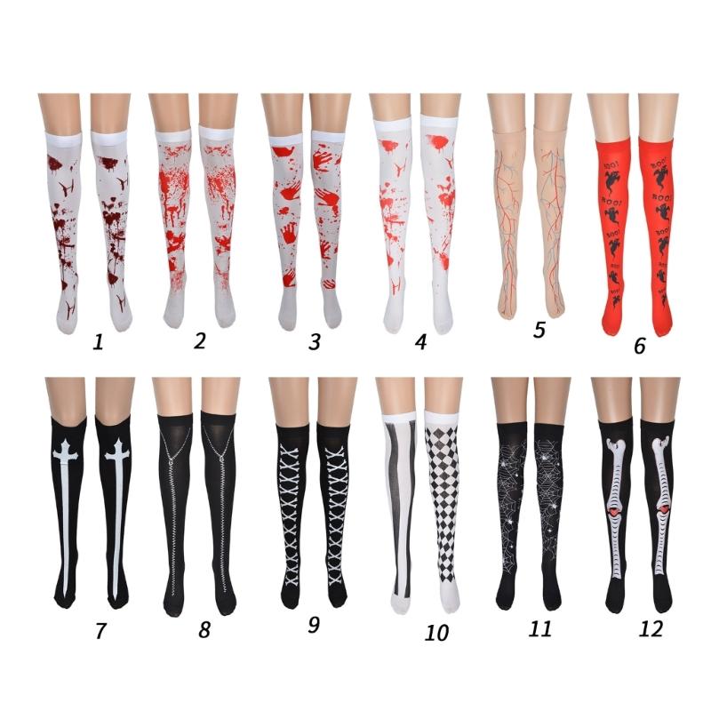 Gothic Style Long Socks Halloween Theme Stockings Spooky Pattern Print Over Knee Length Hosiery for Women Girls Cosplay