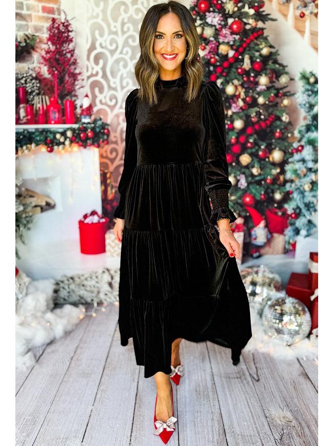 

Plus Size V-Neck Velvet Ruffle Dress - European/American Style, Full Skirt, Multi-Layer, Loose Fit (2025) 5XL