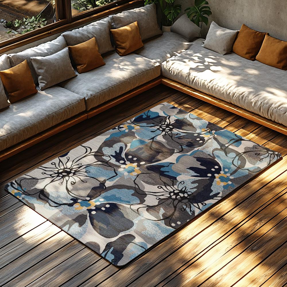 Blue Gray Floral Bohemian Rug, Modern Pattern Non-Slip Carpet, Soft Living Room Mat for Natural Home Decor