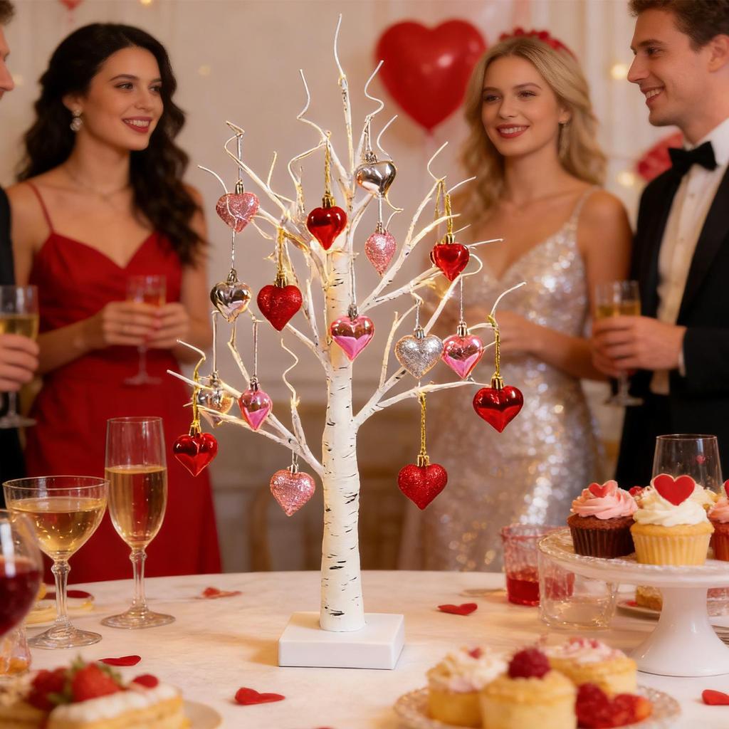24 LED Birch Tree Light with 18 Heart Ornaments USB Battery Power Holiday Decorative Valentine Christmas Halloween Easter Gift