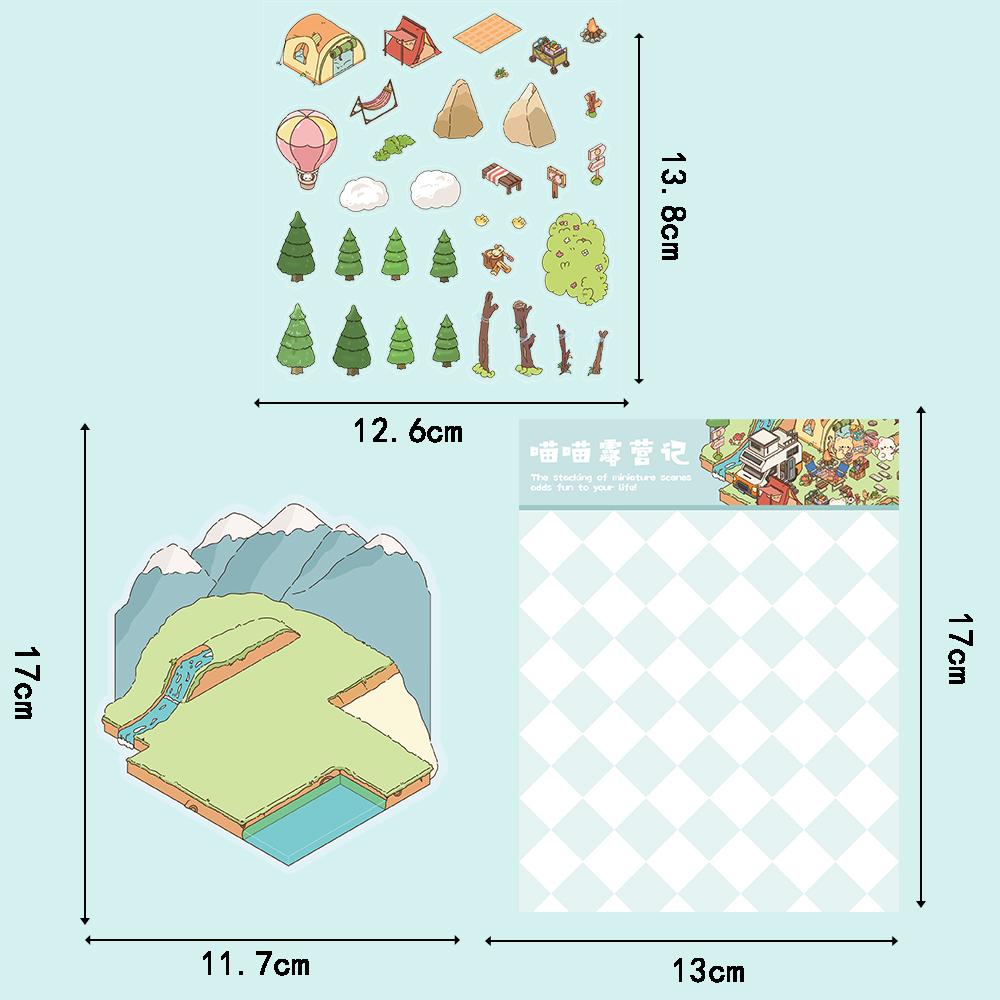2PCS Meow Meow Camping Notes Sticker Nostalgia PET Cafe Landscape Student Art Picture Cafe Room Decor Community Dormitory