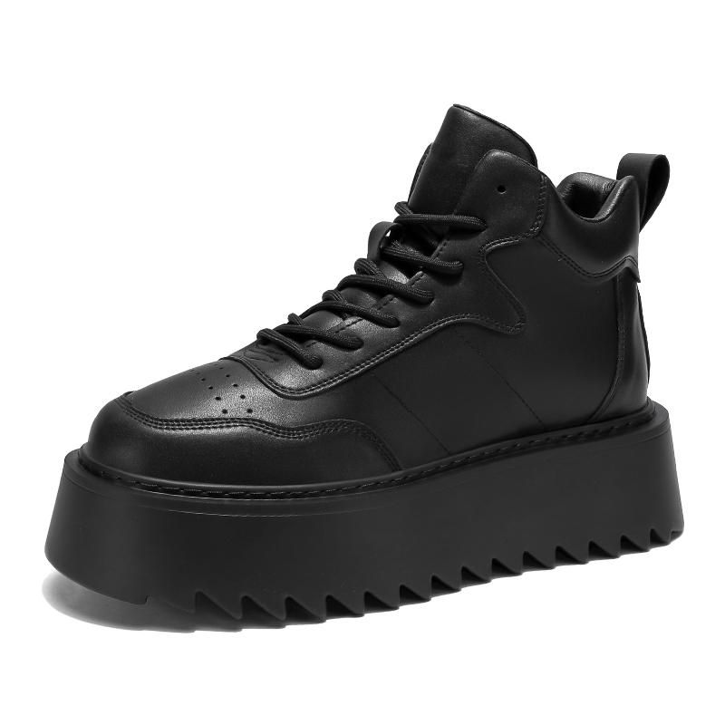 

Кроссовки повседневные мужские из натуральной кожи белые туфли модные высокие на платформе с плоским носком 44 чёрный