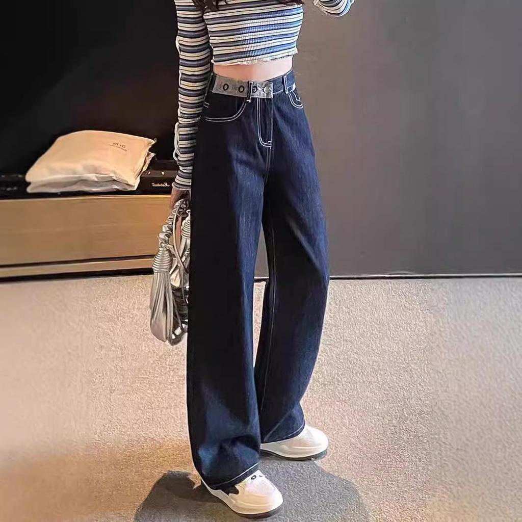 Spring 2025 Women's High-Waist Wide-Leg Jeans - Denim Blue, Slimming & Loose-Fitting, Floor-Length.