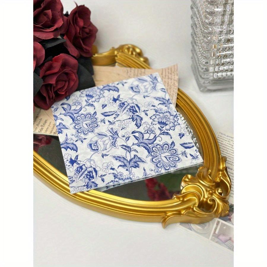 20pcs/Set Disposable Retro Blue Flower Printed Decoupage Napkins 13x13inch, Suitable for Weddings, Birthdays, Holidays