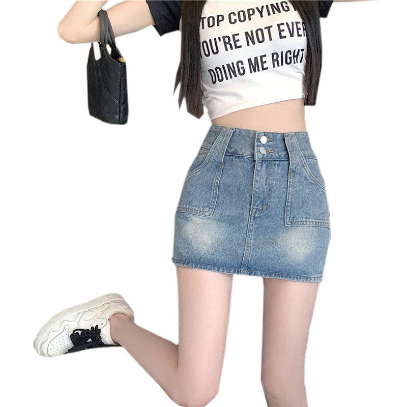 Saia Única com Design de Botão Duplo Cintura Alta Retrô Linha A Pacote Meio Corpo Quadril Saia Curta Calças Moda Feminina Verão Saia Curta Jeans