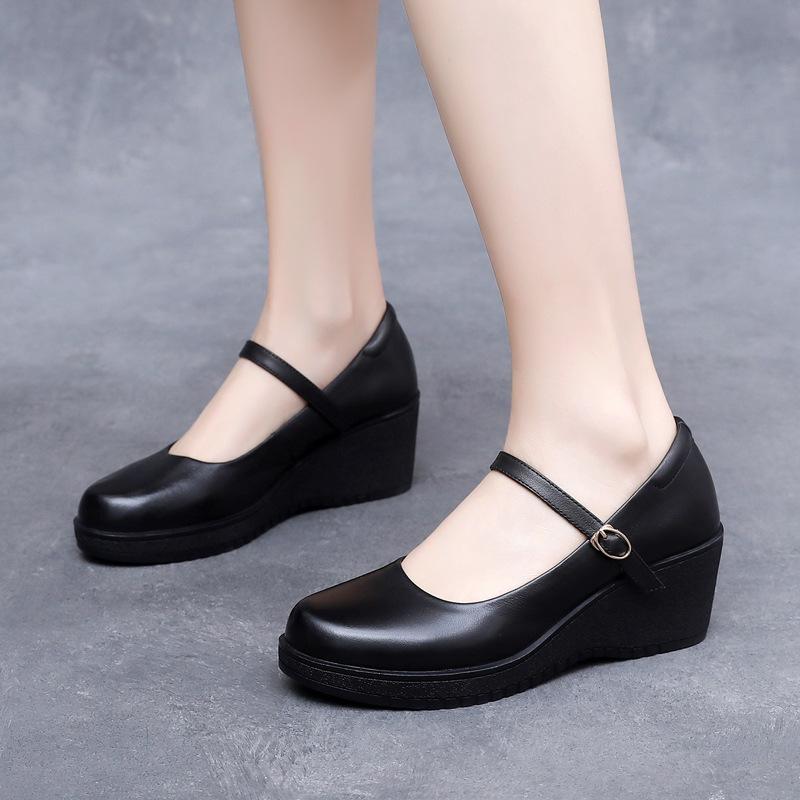 Fashion GKTINOO Fashion Ankle Strap Wedges Platform Genuine Leather Shoes Mary Janes Pumps For Women Casual Black Work Shoes High Heels