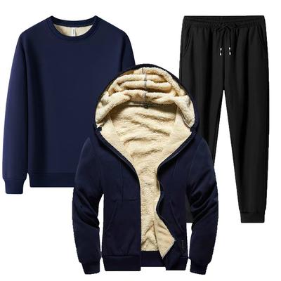 Lamb Fleece Sports Set Men's Winter Loose Large Size Plus Thick Fleece Warm Hoodie Casual Pants Round Neck Hoodie 3-Piece Set