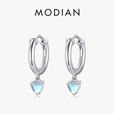 Modian 925 Sterling Silver Hearts Moonstone Ear Buckles For Women Fine Jewelry Elegant Fashion Hoop Earrings Wedding Gift