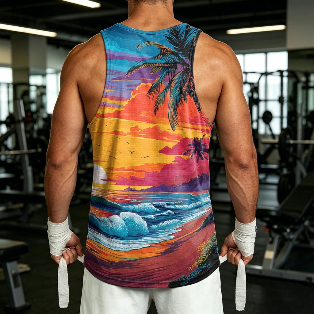 Men's Casual Hawaiian Print Outdoor Sports Tank Top Sleeveless Round Neck Beachwear Summer Vest for Athletic Activities