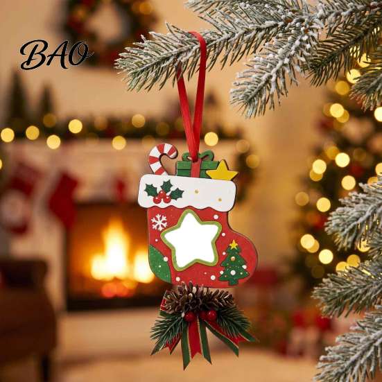 Festive Tree Pendants Wooden Christmas Ornaments, 2D Stocking House Shaped Photo Frame Hanging Indoor Holiday Decor, Xmas Ornament for Family